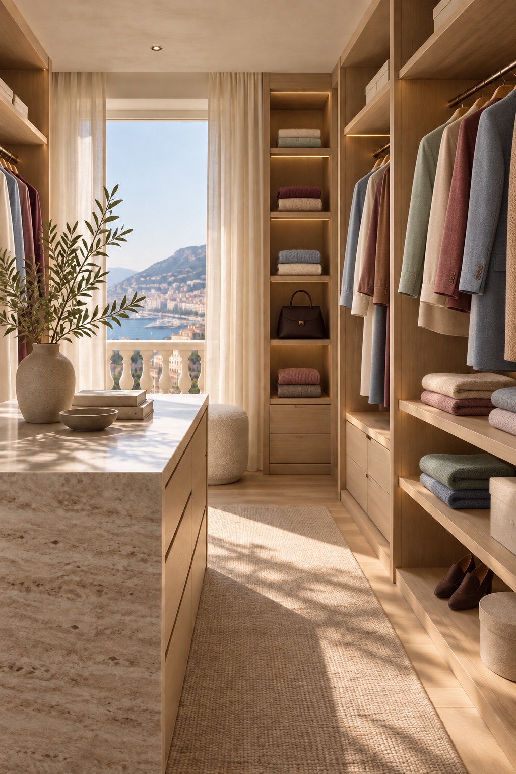 A calm organised dressing room with a harmonious colour palette
